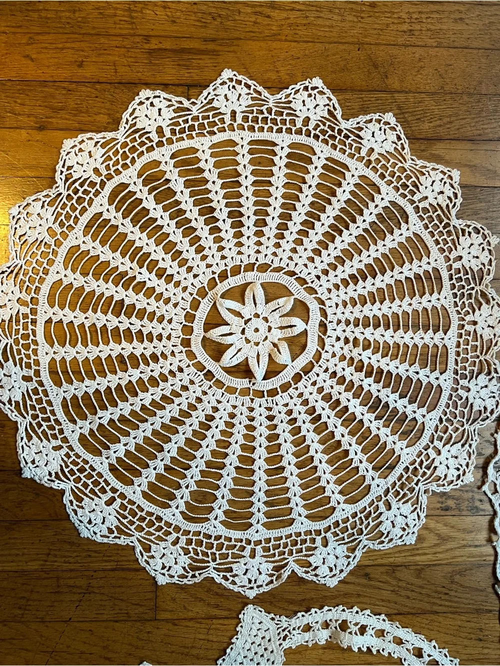 Set of three unique Vintage Handmade White Crochet Doilies Set